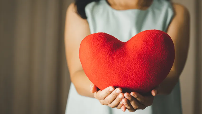 In The News 3 Person holding a bright red heart-shaped cushion in both hands, centered in the frame